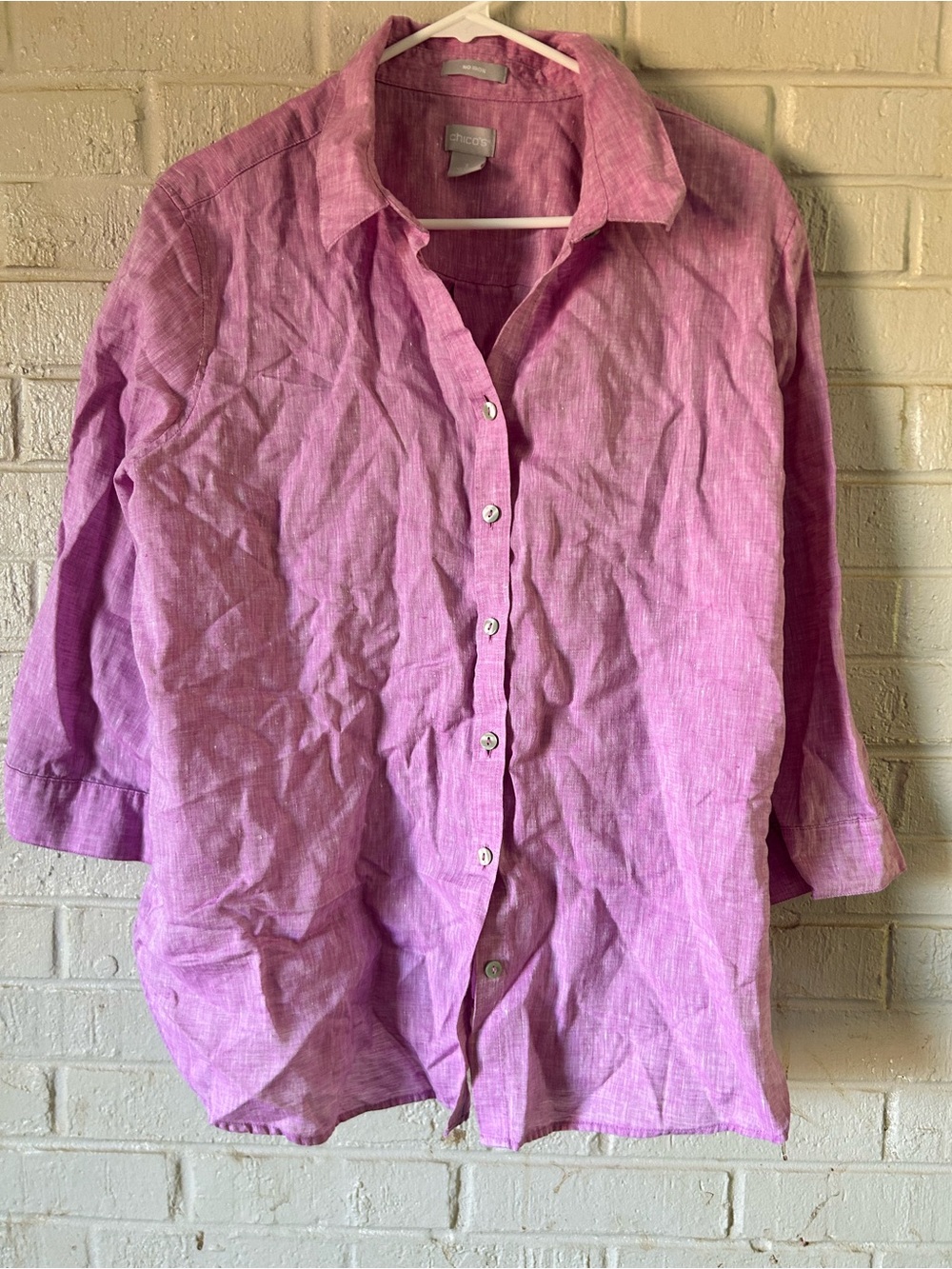 Chicos No Iron Linen Tunic Top Women’s 3  US XL 16 Pink 3/4 Sleeve Preppy Collar